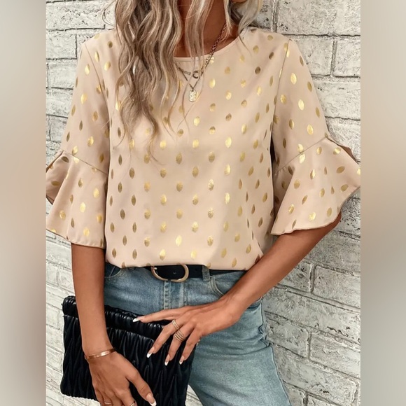 Passion of Essence Tops - Chic Polka Dot Blouse with Ruffle Cuffs - Flattering Crew neckline